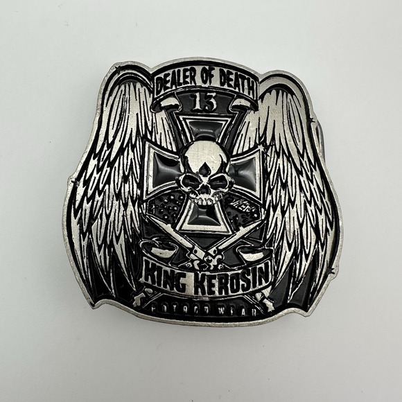 Vintage Belt Buckle Dealer Of Death King Kerosin Silver Black Enamel USA Mobtown - Picture 1 of 7